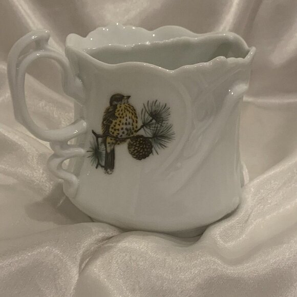 Shaving Mustache Mug. Unmarked. White w Birds. Porcelain. AL - Picture 1 of 7